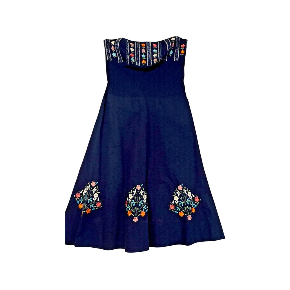 Obstinacy Navy Blue Strapless Embroidered Floral Cotton Midi Dress Size Small